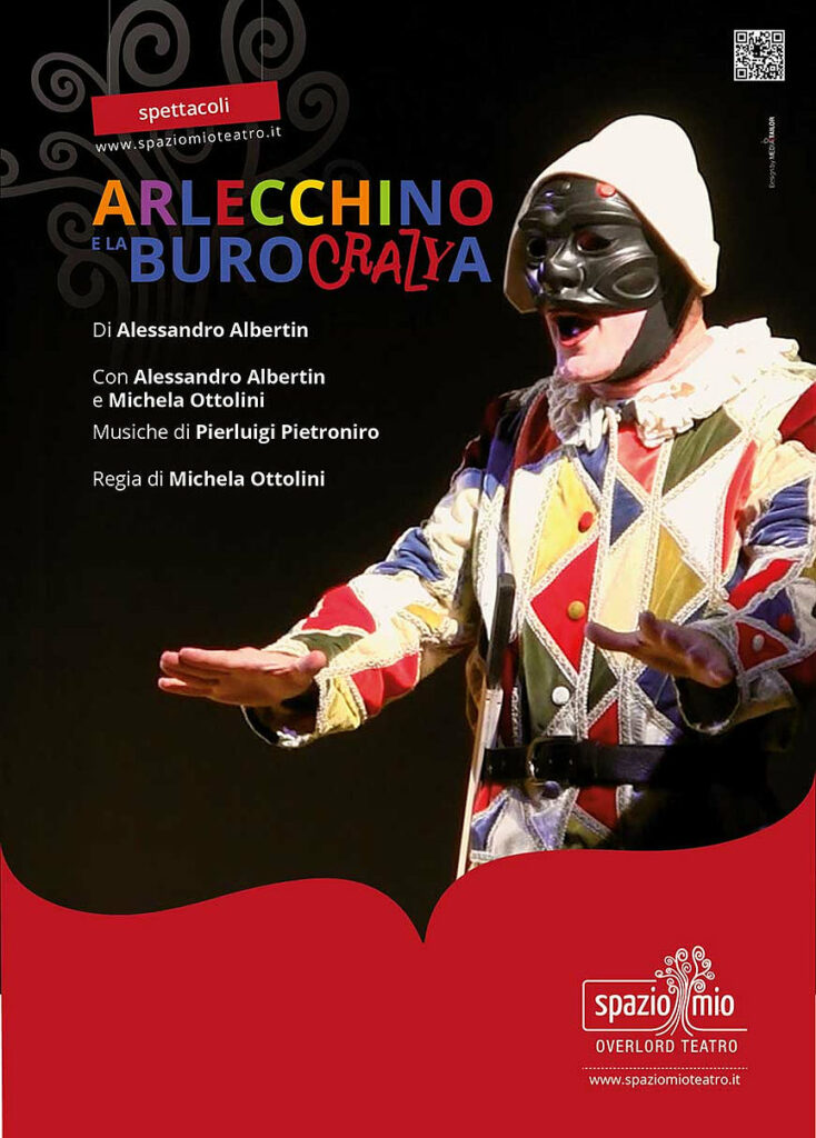 Locandina dello spettacolo Arlecchino e la Burocrazya di Alessandro Albertin con regia di Michela Ottolini